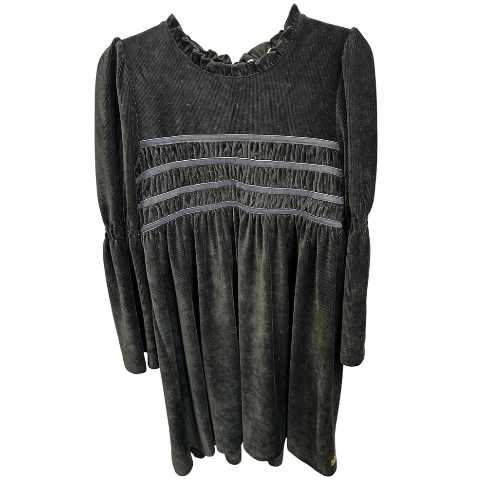 Matilda Jane Velour Smocked Dress Girls Size 14 Black Long Sleeve Ruffled Neck